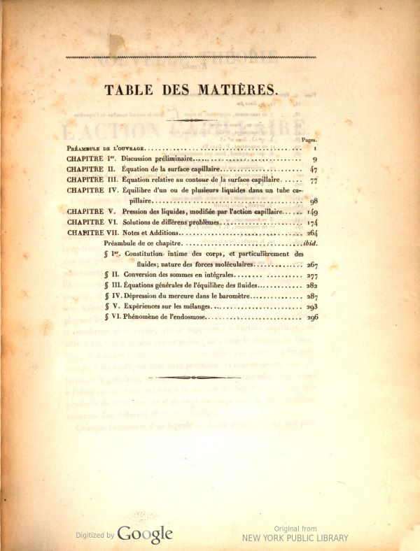 Table of contents from Nouvelle théorie de l'action capillaire by Siméon-Denis Poisson, 1831