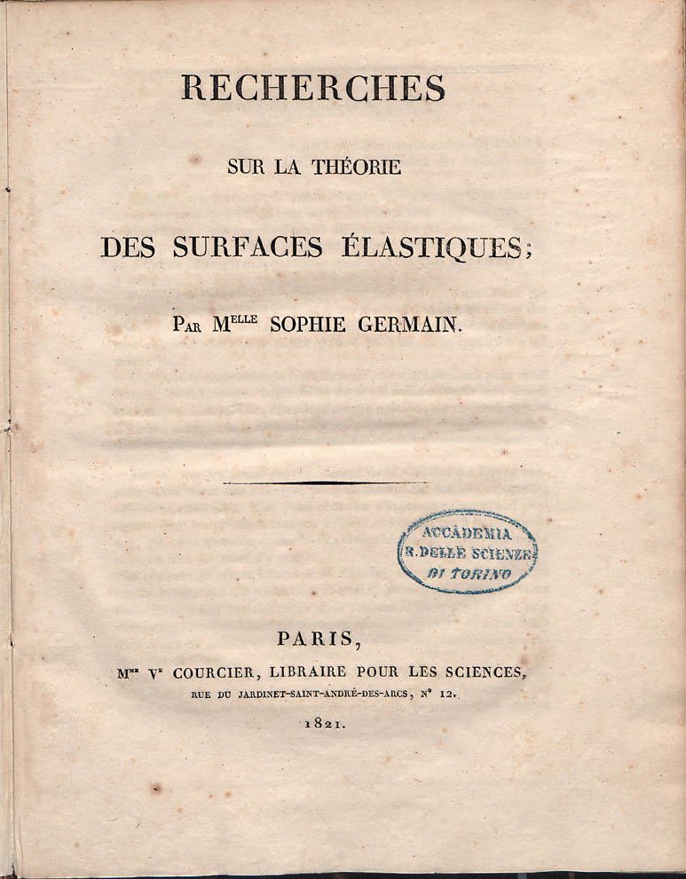 Title page for Sophie Germain's 1821 Recherches sur la theorie des surfaces elastiques.