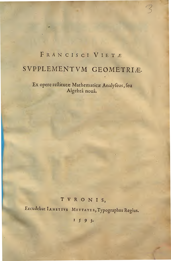Title page of Supplementum Geometriae by Francois Viete, 1593