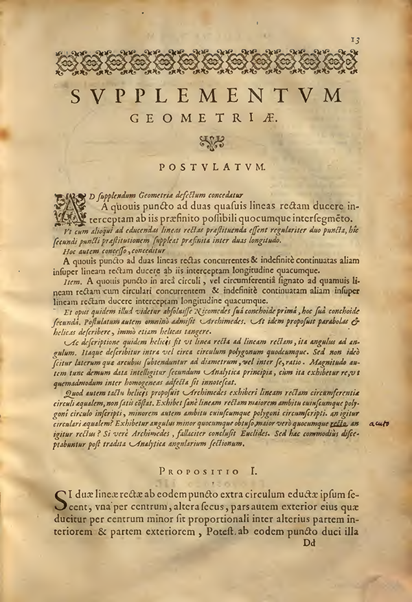 First page of Supplementum Geometriae by Francois Viete, 1593