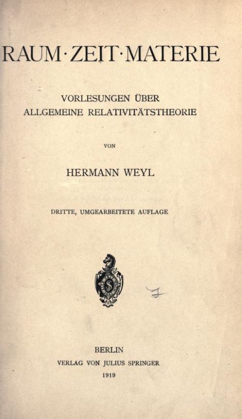 Title page of Raum. Zeit. Materie. by Herman Weyl, 1919