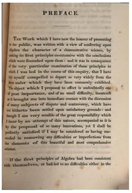 First page of Preface to Treatise on Algebra by George Peacock, 1830