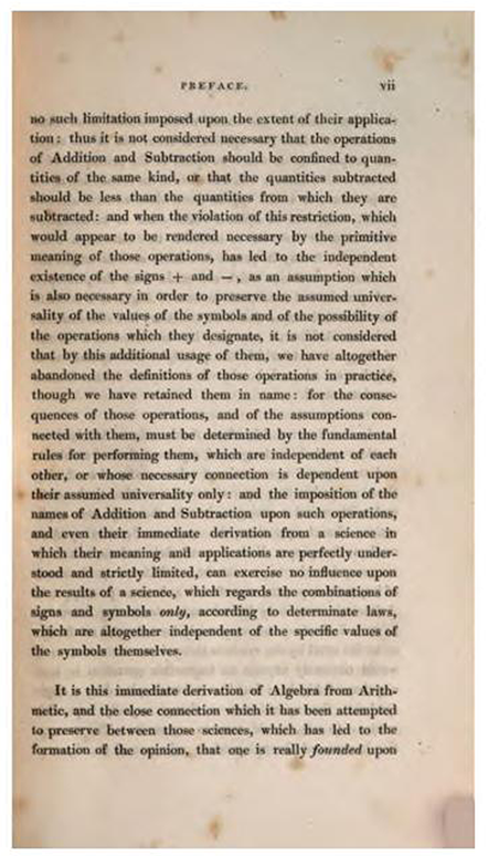 Third page of Preface to Treatise on Algebra by George Peacock, 1830