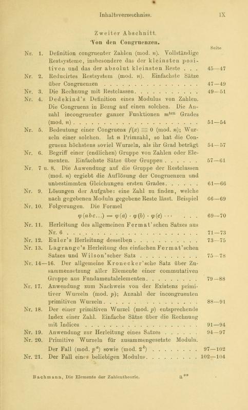 Second page of table of contents for Die Elemente der Zahlentheorie by Paul Bachmann, 1892