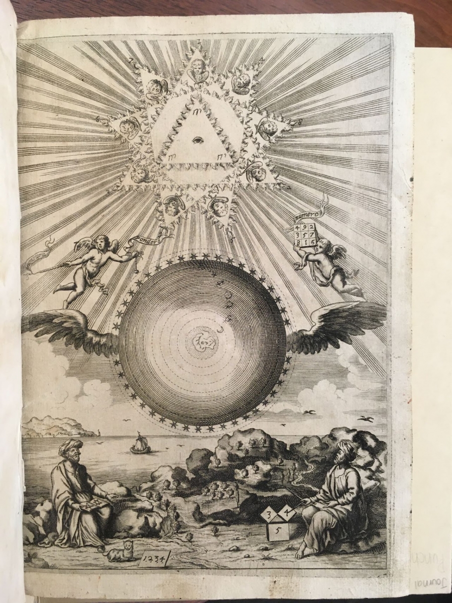 Symbolic frontispiece for Athanasius Kircher's 1665 Arithmologia.