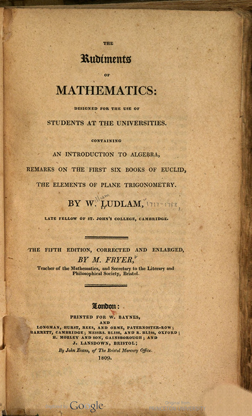 Title page of Rudiments of Mathematics by William Ludlam, 1809 edition