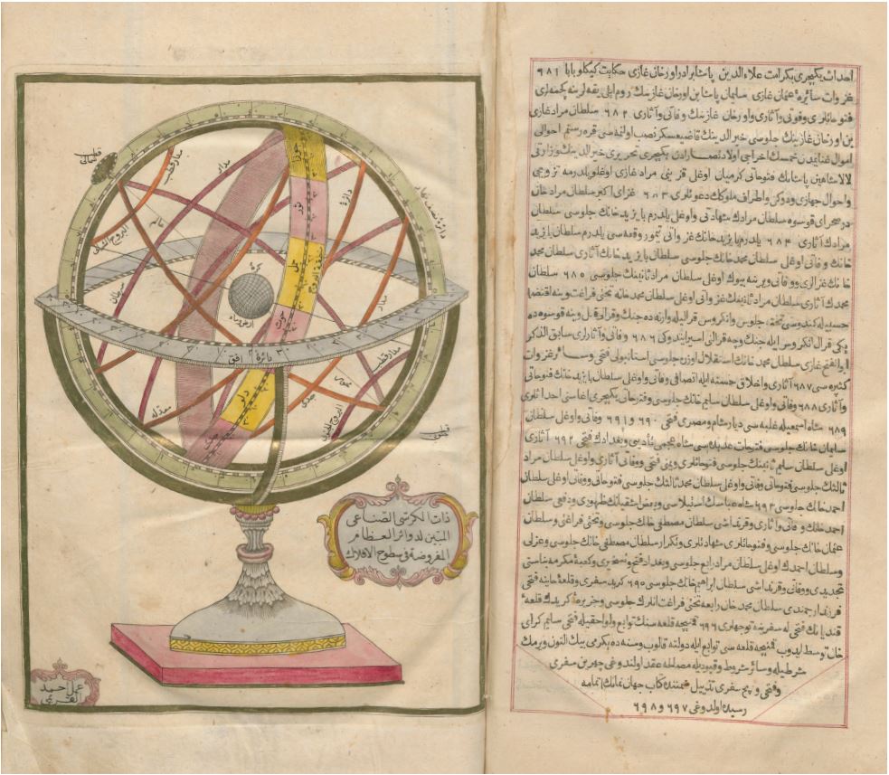 Drawing of an armillary sphere from Cihānnümā by Katib Celebi.