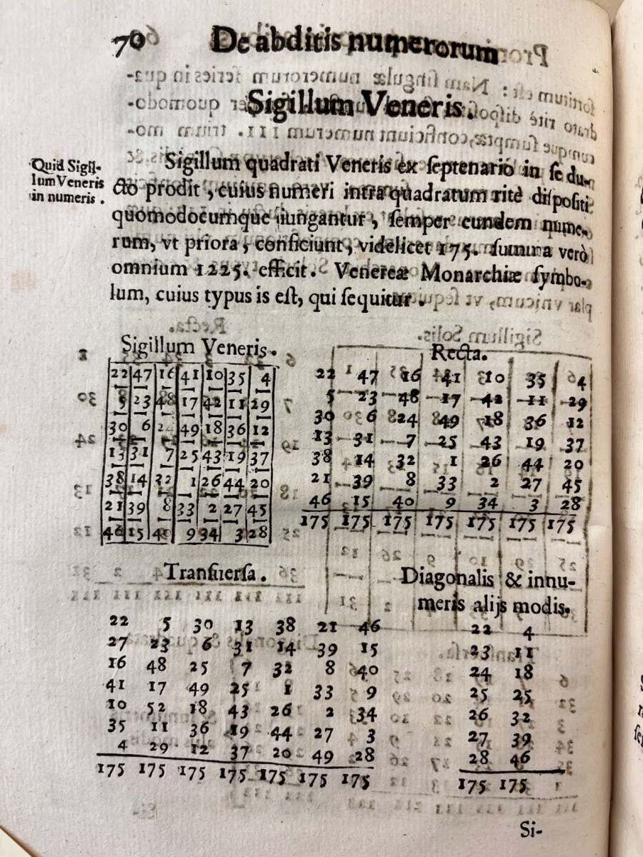Page 70 from Kircher's 1665 Arithmologia, showing 4 magic squares. Note the ink bleed-through.