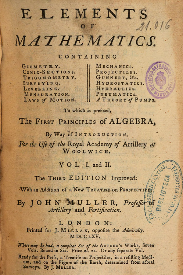 Title page of Elements of Mathematics by John Muller, 1765