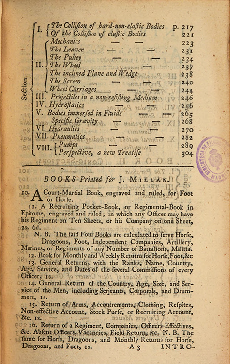 Second page of table of contents for Elements of Mathematics by John Muller, 1765