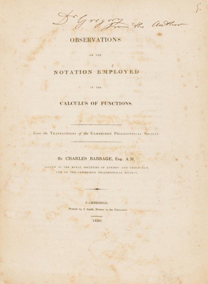First page of the article by Babbage, “Observations on the notation employed in the calculus of functions."