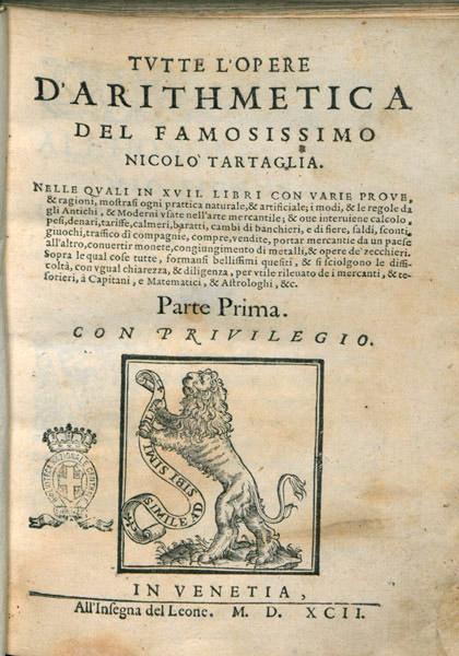Title page for the first volume of the collected arithmetic works by Tartaglia (1592).