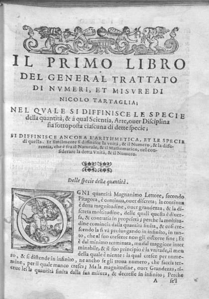 The first page of text in the first volume of the collected arithmetic works by Tartaglia.