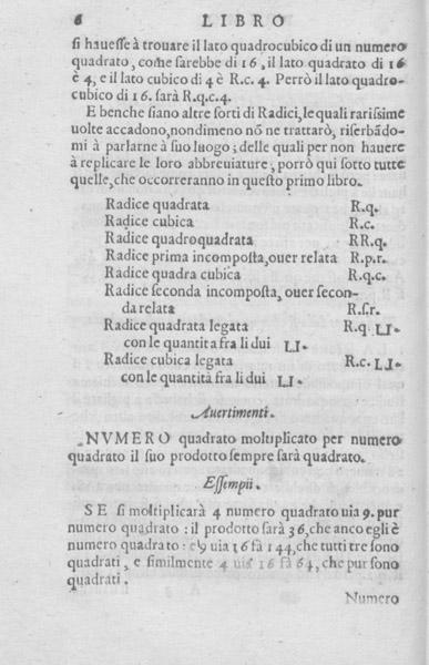 Page 6 from Rafael Bombelli's 1572 L'algebra parte maggiore dell'arimetica divisa in tre libri.