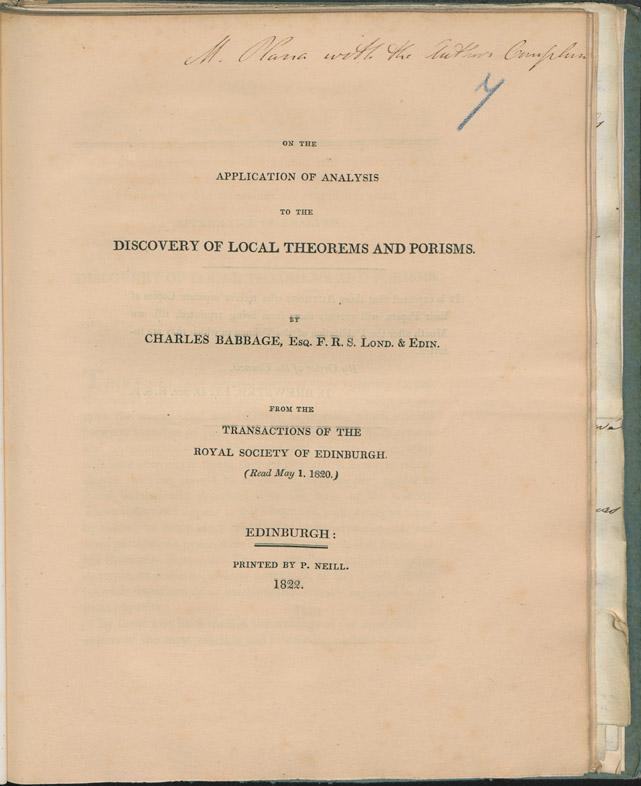 Title page for Babbage's article, “On the application of analysis to the discovery of local theorems and porisms.”