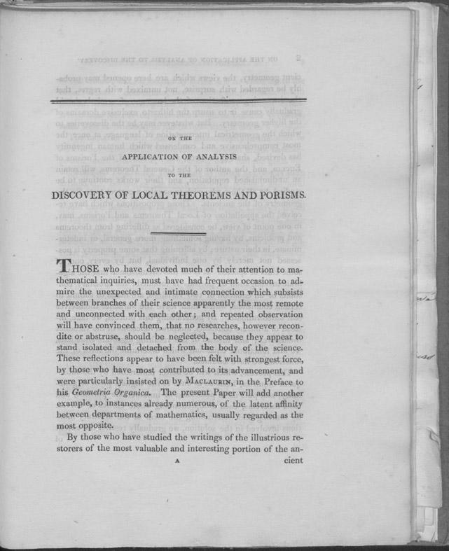 First page of Babbage's article, “On the application of analysis to the discovery of local theorems and porisms.”