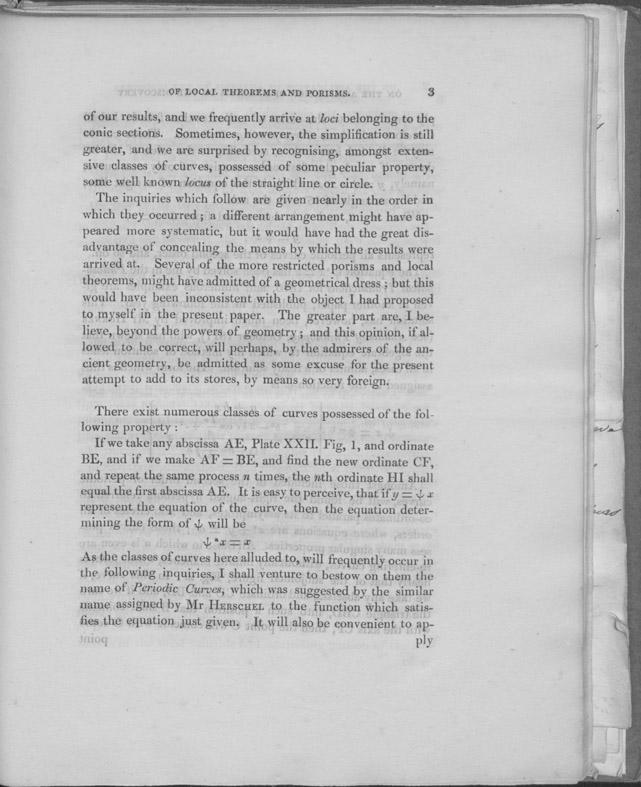 Page 3 from Babbage's article, “On the application of analysis to the discovery of local theorems and porisms.”
