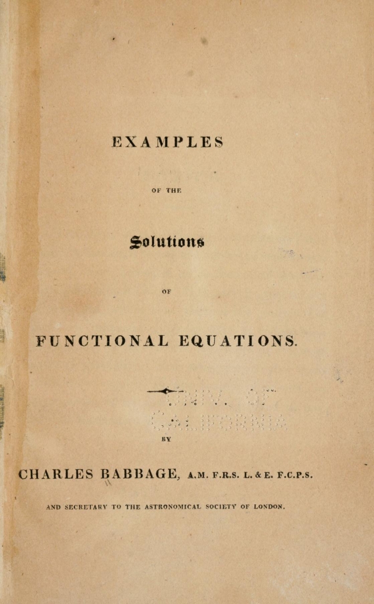 Title page of Babbage's short book, Examples of the solutions of functional equations (1820).