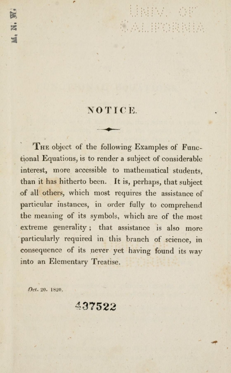 Author's notice for Babbage's short book, Examples of the solutions of functional equations (1820).