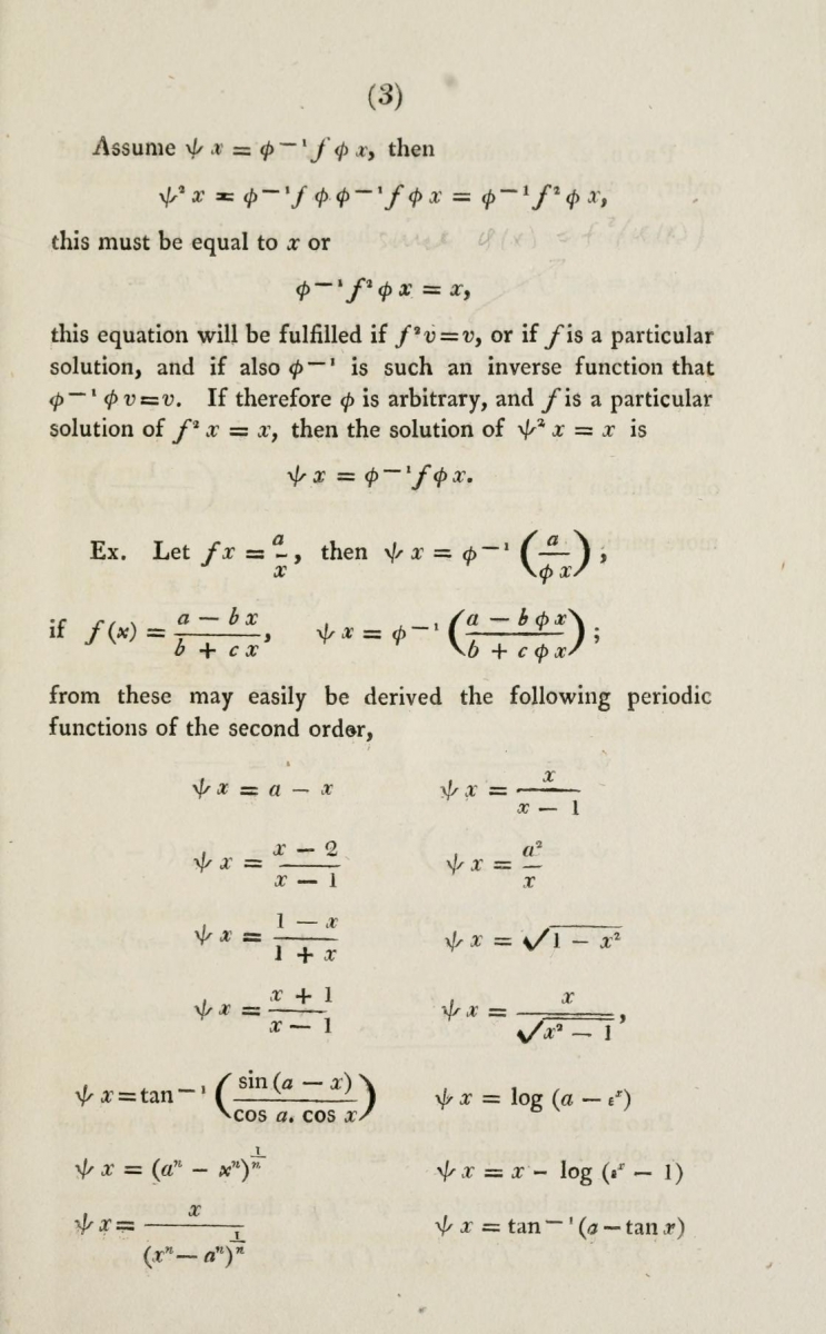 Page 3 from Babbage's short book, Examples of the solutions of functional equations (1820).