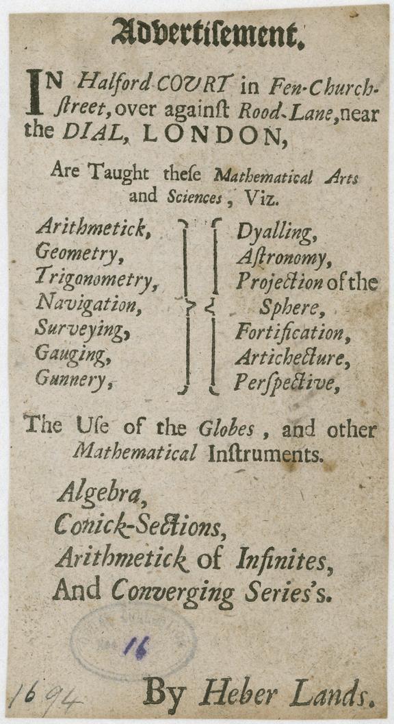 1694 advertisement by a mathematics teacher.