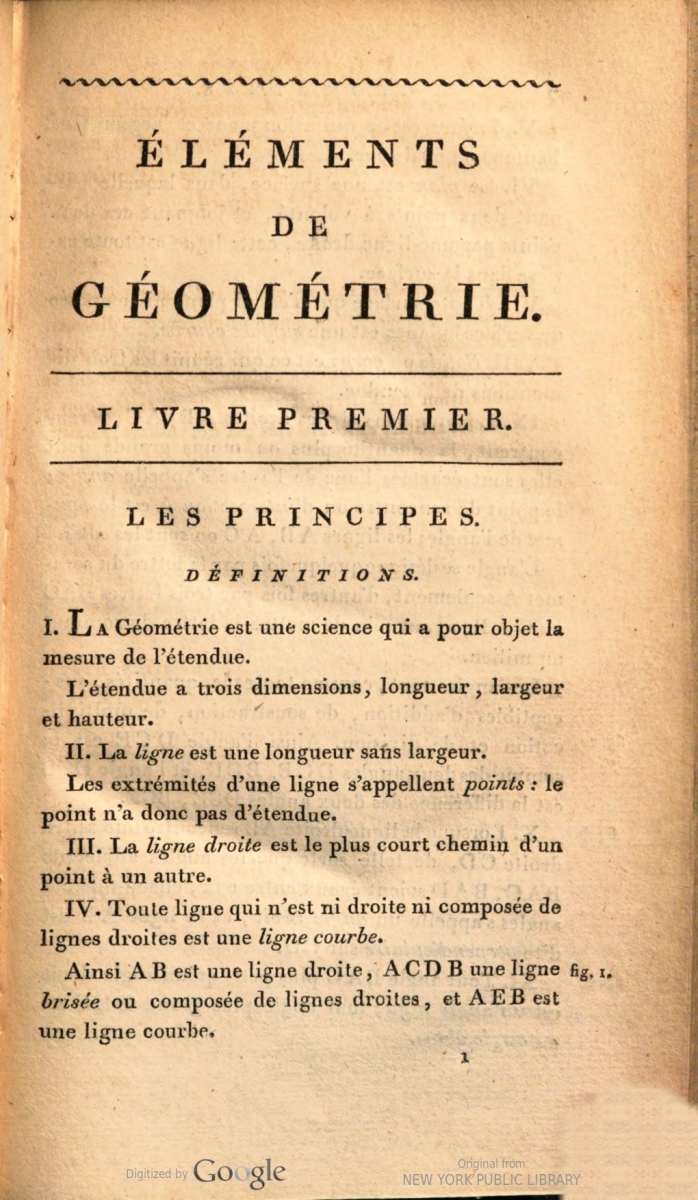 First page of 1800 3rd edition of Legendre's Elements de geometrie.