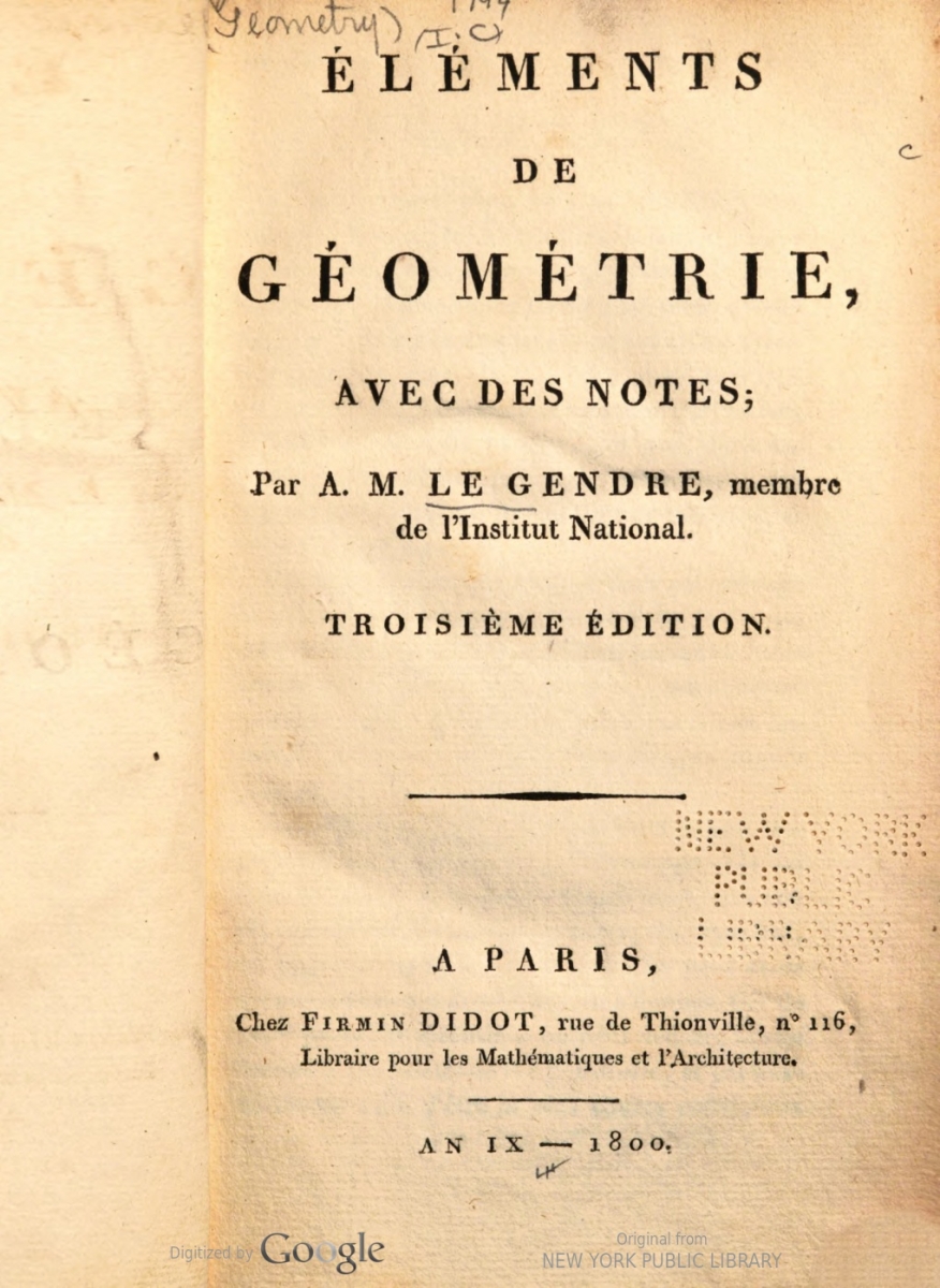 Title page from 1800 3rd edition of Legendre's Elements de geometrie.