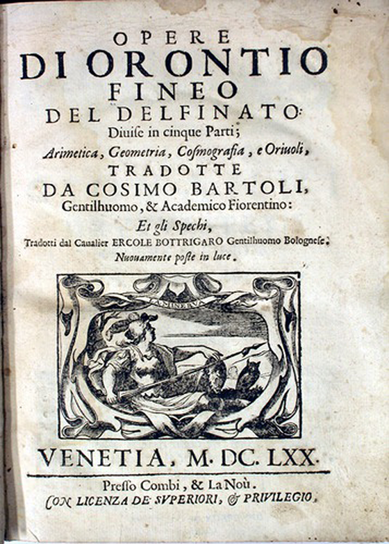 Title page of Operi Di Orontio Fineo, edited by Cosmio Bartoli, 1670