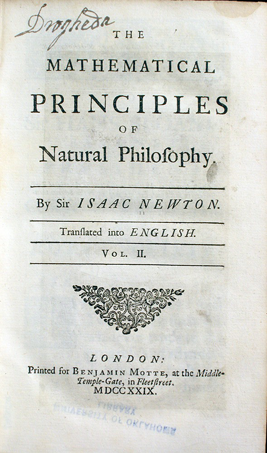 Title page from Andrew Motte's English translation of Newton's Principia, volume 2, 1729