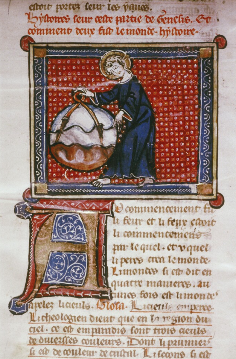 God depicted as Geometer in early 14th-century French manuscript Bible.