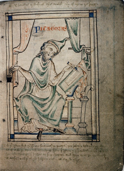Pythagoras as shown in 13th-century copy of The Prognostics, fol. 042r.