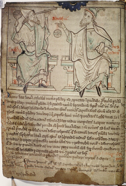Euclid and Herman, with astronomical instruments, as shown in 13th-century copy of The Prognostics, fol. 002v.