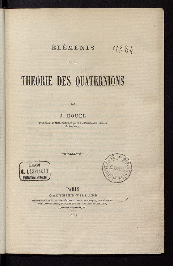 Title page of Eléments de la théorie des quaternions by Jules Hoüel, 1874