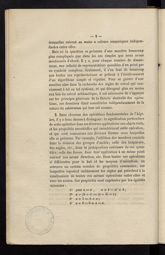 Second page of Eléments de la théorie des quaternions by Jules Hoüel, 1874
