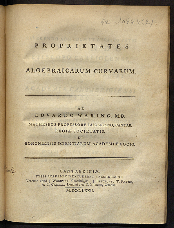 Title page of Proprietates algebraicarum curvarum by Edward Waring, 1772