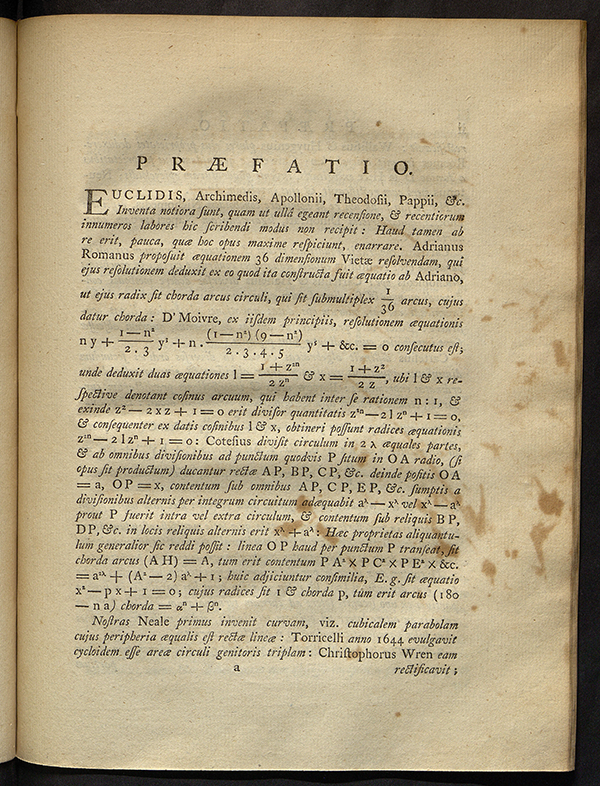 First page of preface to Proprietates algebraicarum curvarum by Edward Waring, 1772
