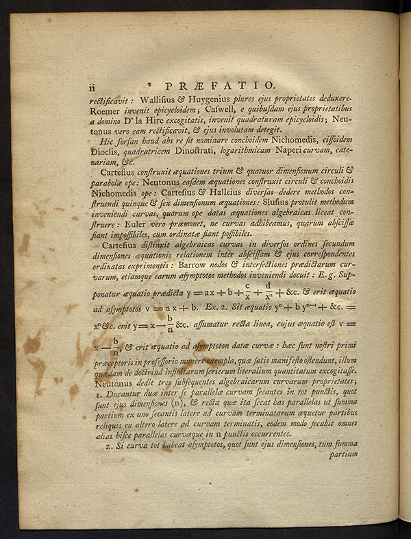 Second page of preface to Proprietates algebraicarum curvarum by Edward Waring, 1772