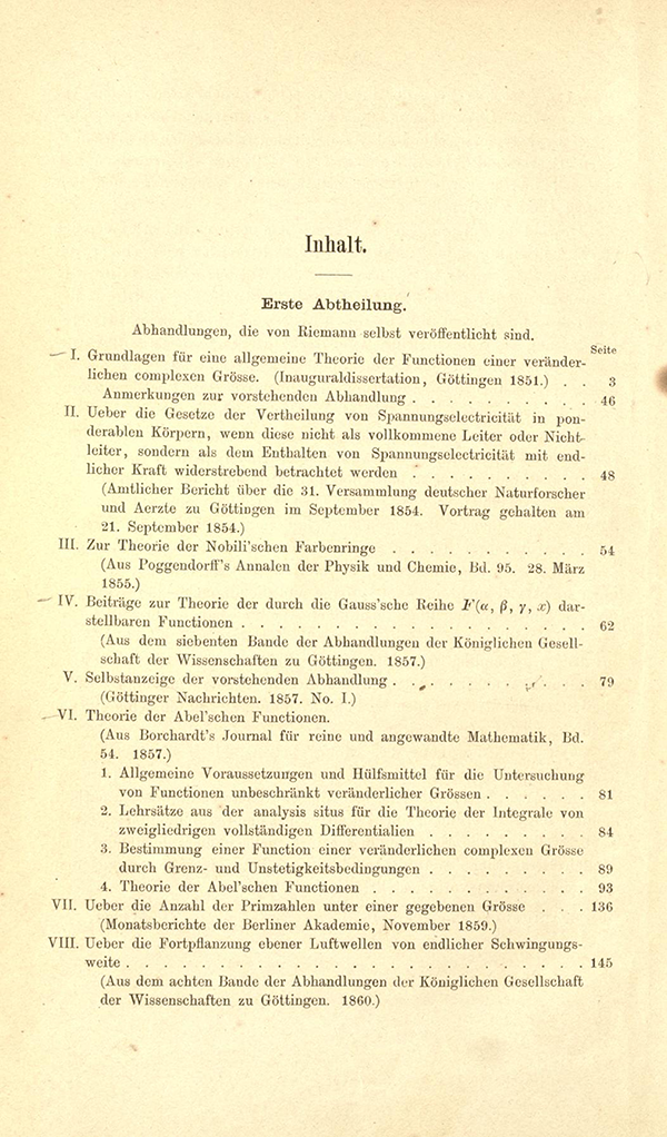 Table of Contents for Riemann's Gesammelte Mathematische Werke (first page)
