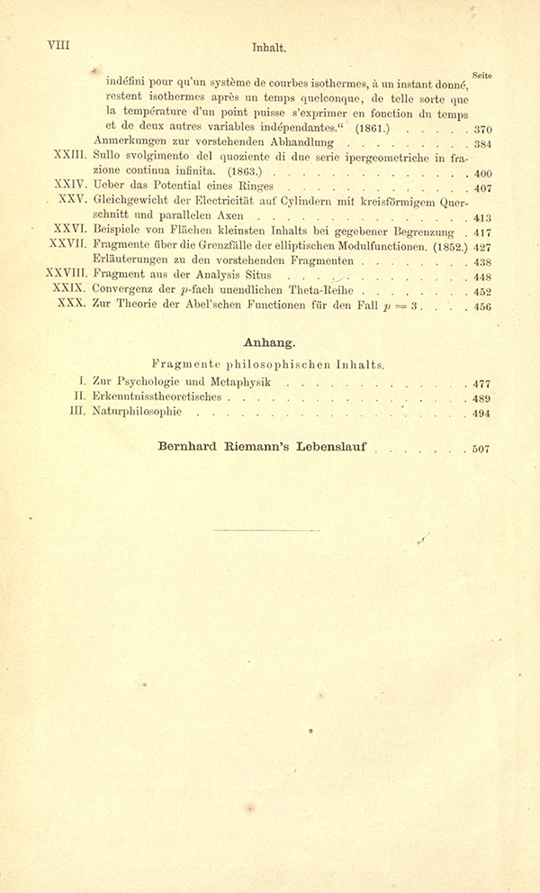 Table of Contents for Riemann's Gesammelte Mathematische Werke (third page)