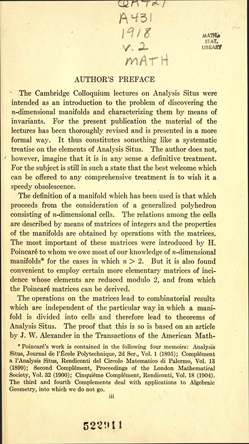 First page of preface to Analysis Situs by Oswald Veblen (second part of AMS Cambridge Colloquium 1922)