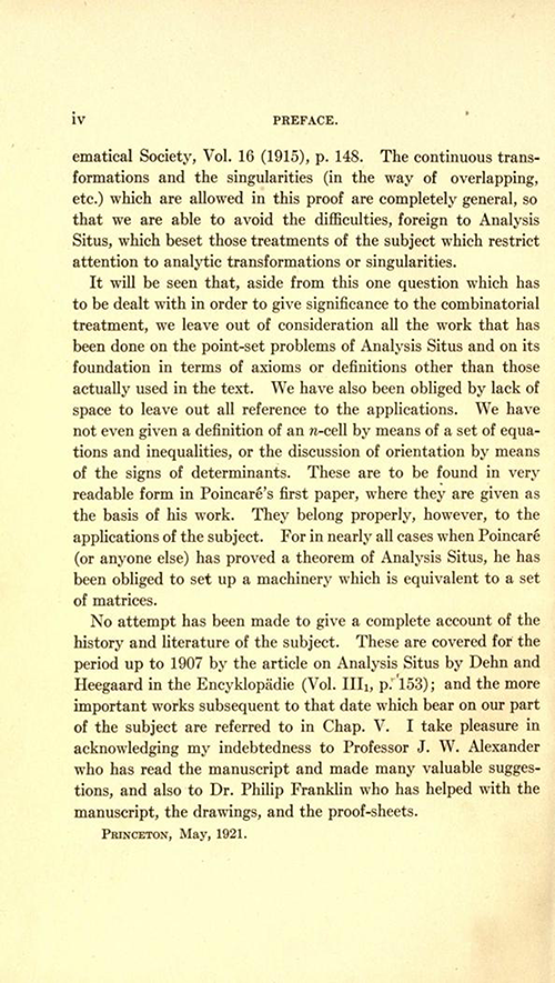 Second page of preface to Analysis Situs by Oswald Veblen (second part of AMS Cambridge Colloquium 1922)