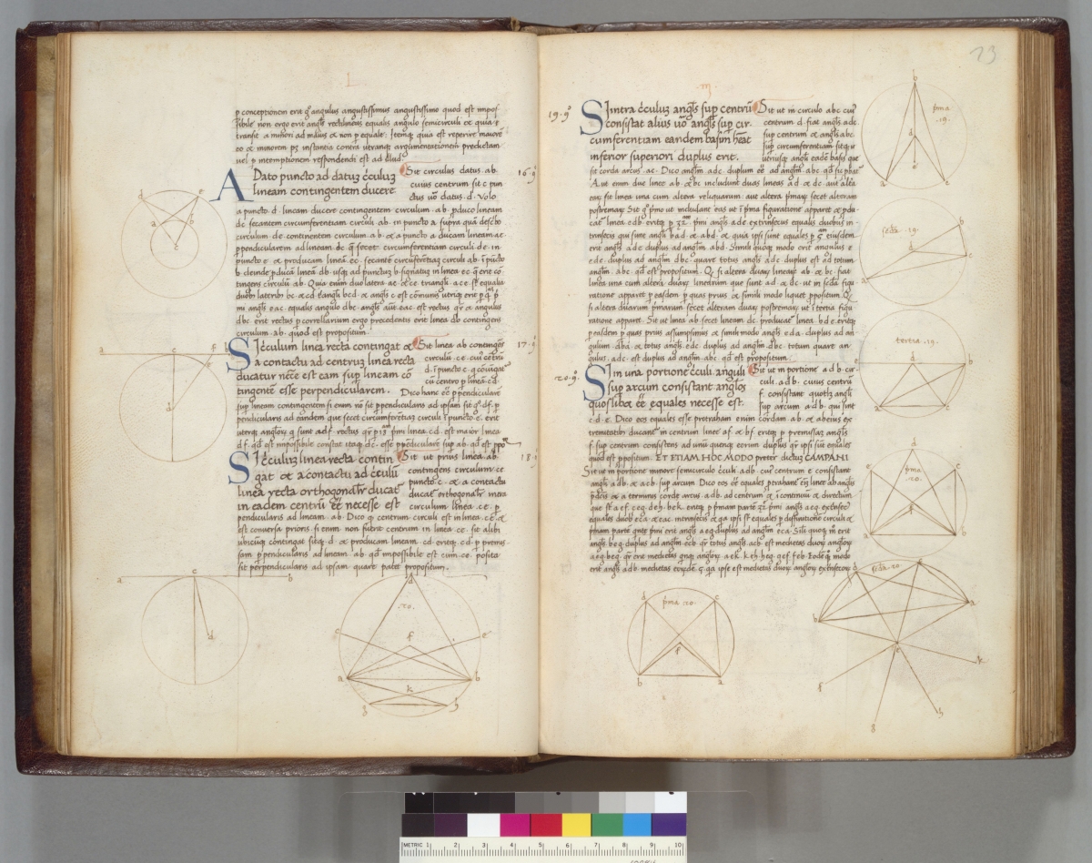 Folia from a 1541 manuscript copy of Euclid's Elements.