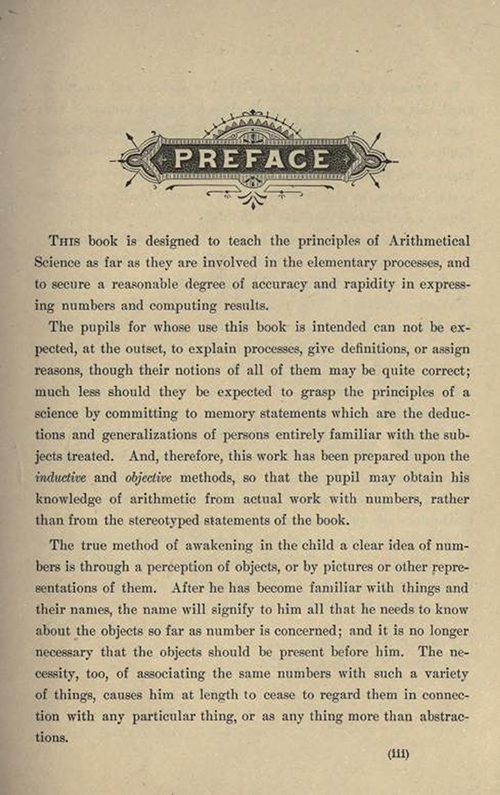 First page of the Preface to First Lessons in Arithmetic by William J. Milne