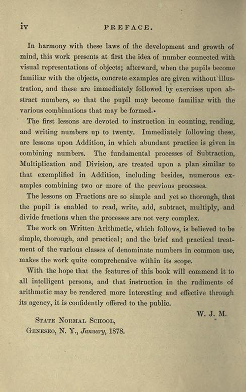 Second page of the Preface to First Lessons in Arithmetic by William J. Milne