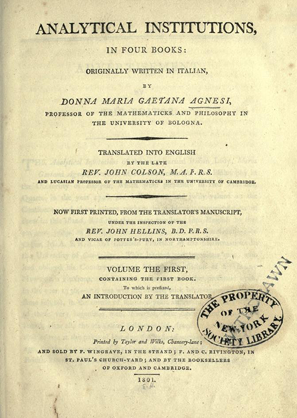 Title page for English Translation of Maria Agnesi's Analytical Institutions published in 1801