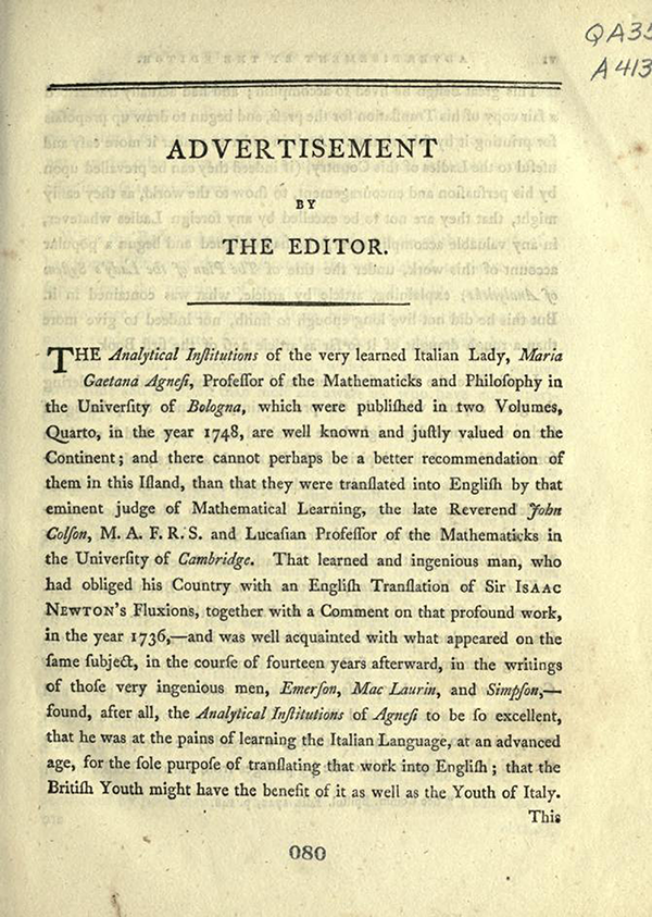 Editor's "Advertisement" for English Translation of Maria Agnesi's Analytical Institutions published in 1801