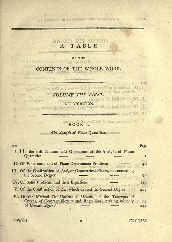 First page of Table of Contents for English Translation of Maria Agnesi's Analytical Institutions published in 1801
