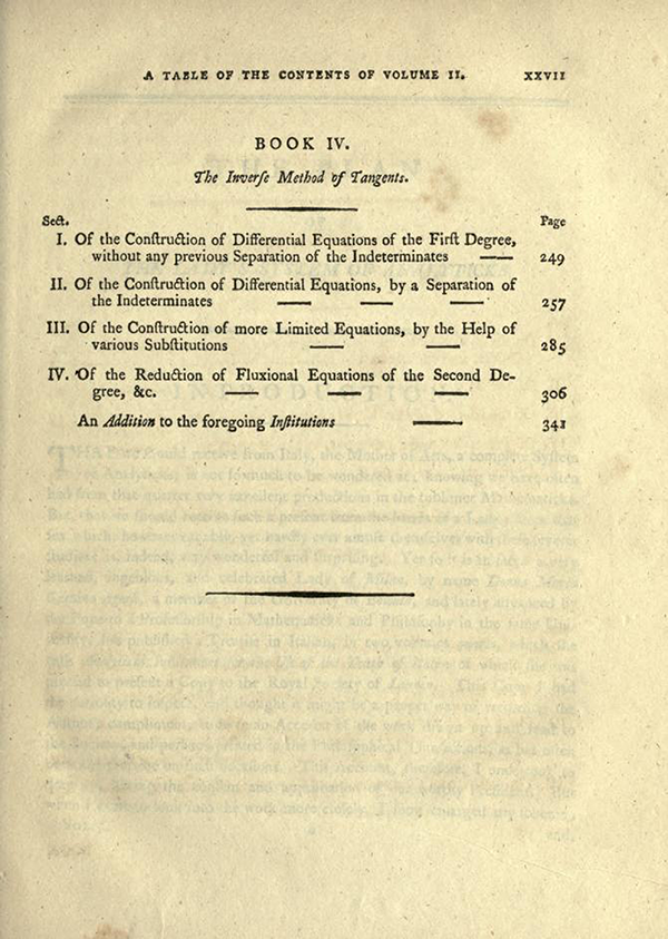 Third page of Table of Contents for English Translation of Maria Agnesi's Analytical Institutions published in 1801