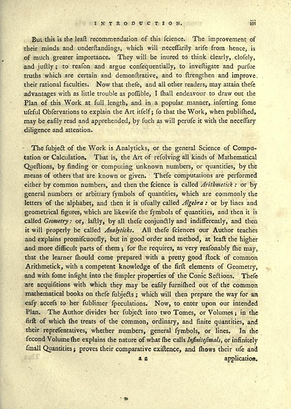 Third page of "The Plan of the Lady's System of Analyticks" from English Translation of Maria Agnesi's Analytical Institutions published in 1801