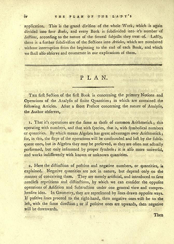 Fourth page of "The Plan of the Lady's System of Analyticks" from English Translation of Maria Agnesi's Analytical Institutions published in 1801